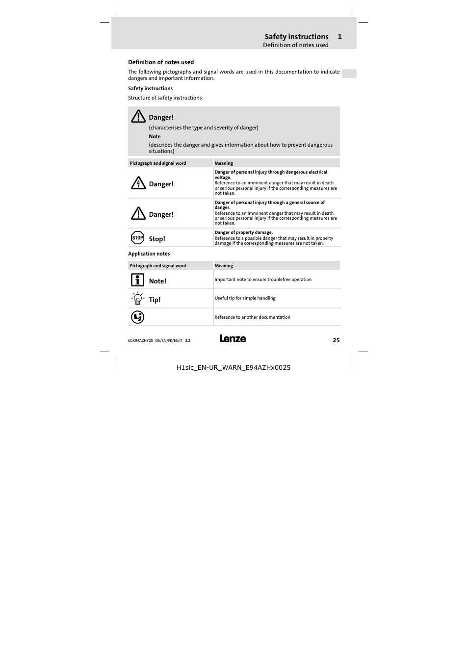 1 safety instructions, Definition of notes used, Safety instructions | Lenze E94AZHY0025 User Manual | Page 25 / 94