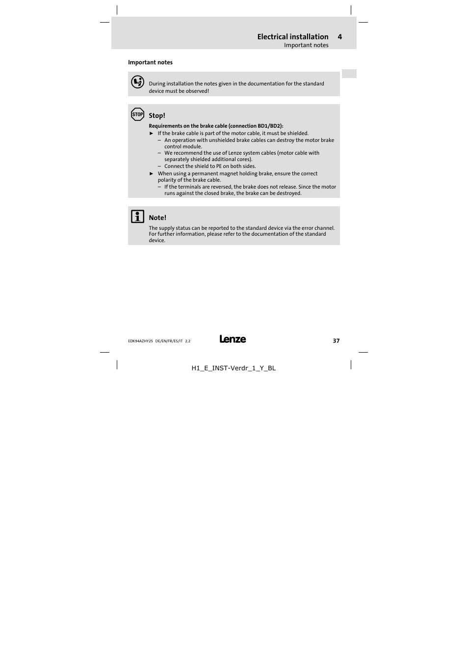 4 electrical installation, Important notes, Electrical installation | Lenze E94AZHY0025 User Manual | Page 37 / 94
