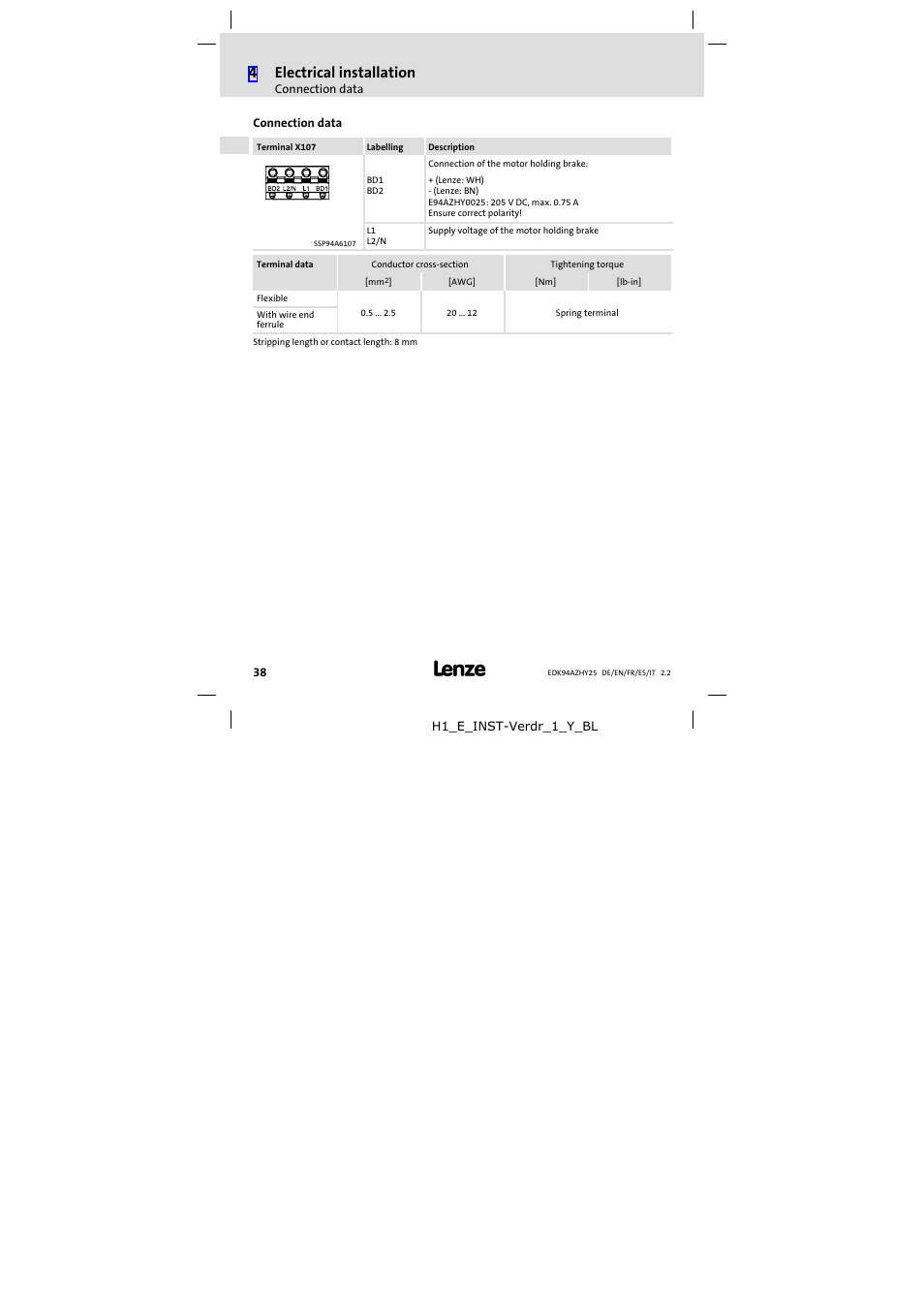 Connection data, 4electrical installation | Lenze E94AZHY0025 User Manual | Page 38 / 94