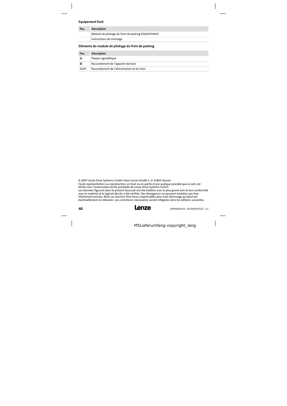 Equipement livré | Lenze E94AZHY0025 User Manual | Page 40 / 94