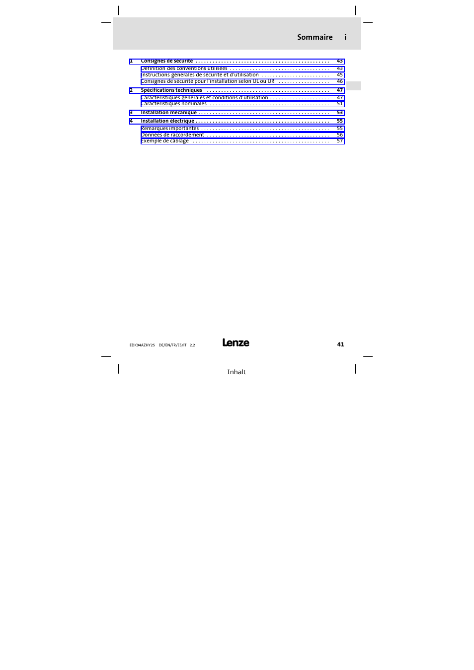 Sommaire, Sommaire i | Lenze E94AZHY0025 User Manual | Page 41 / 94