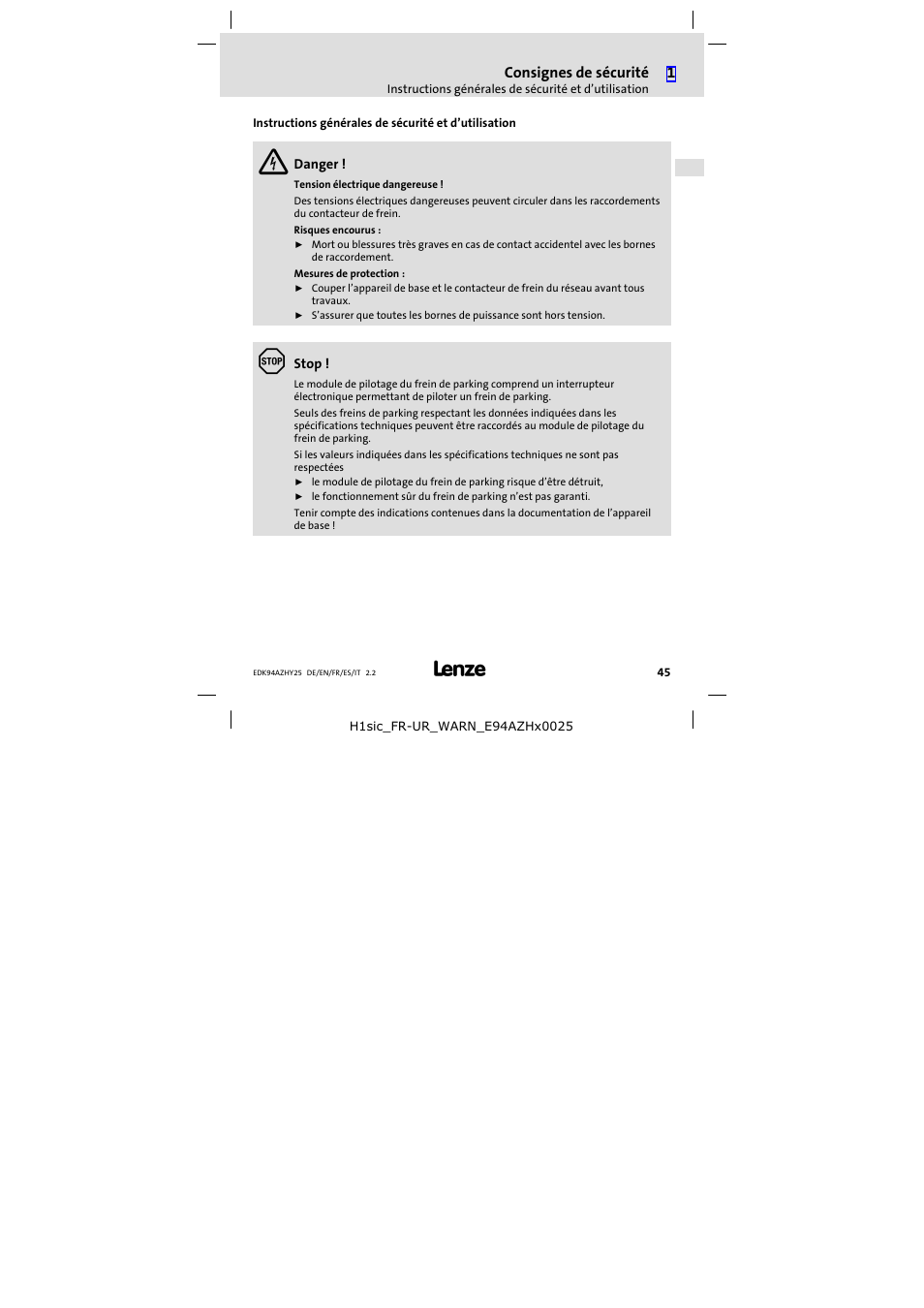 Consignes de sécurité | Lenze E94AZHY0025 User Manual | Page 45 / 94