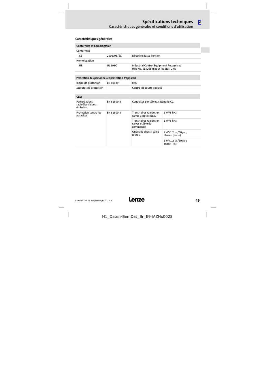 Spécifications techniques | Lenze E94AZHY0025 User Manual | Page 49 / 94