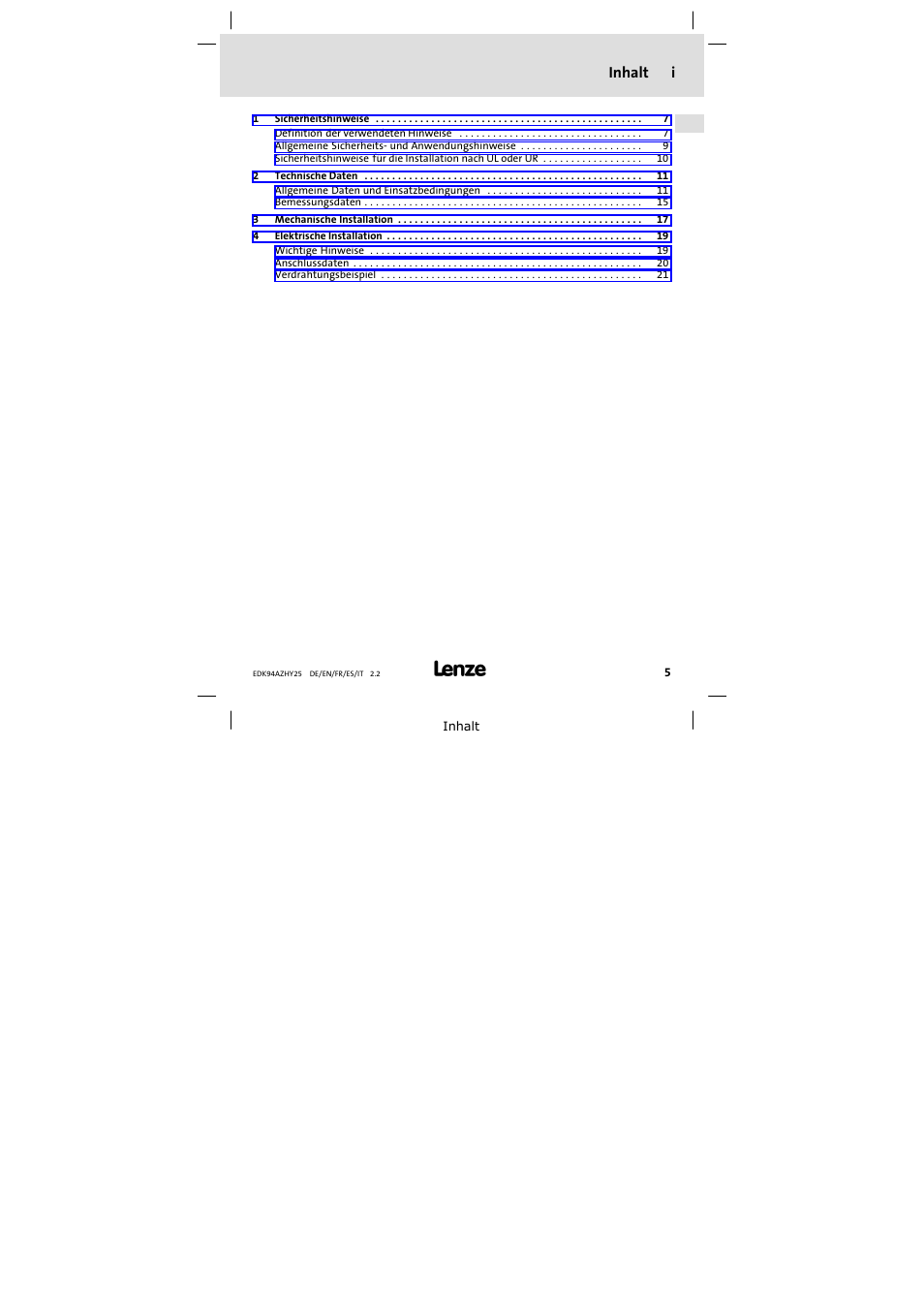 Inhalt, Inhalt i | Lenze E94AZHY0025 User Manual | Page 5 / 94