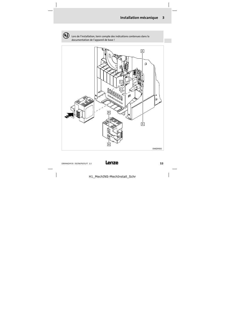 3 installation mécanique, Installation mécanique | Lenze E94AZHY0025 User Manual | Page 53 / 94