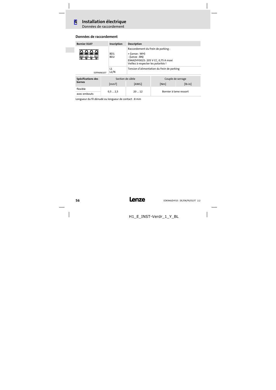 Données de raccordement, 4installation électrique | Lenze E94AZHY0025 User Manual | Page 56 / 94