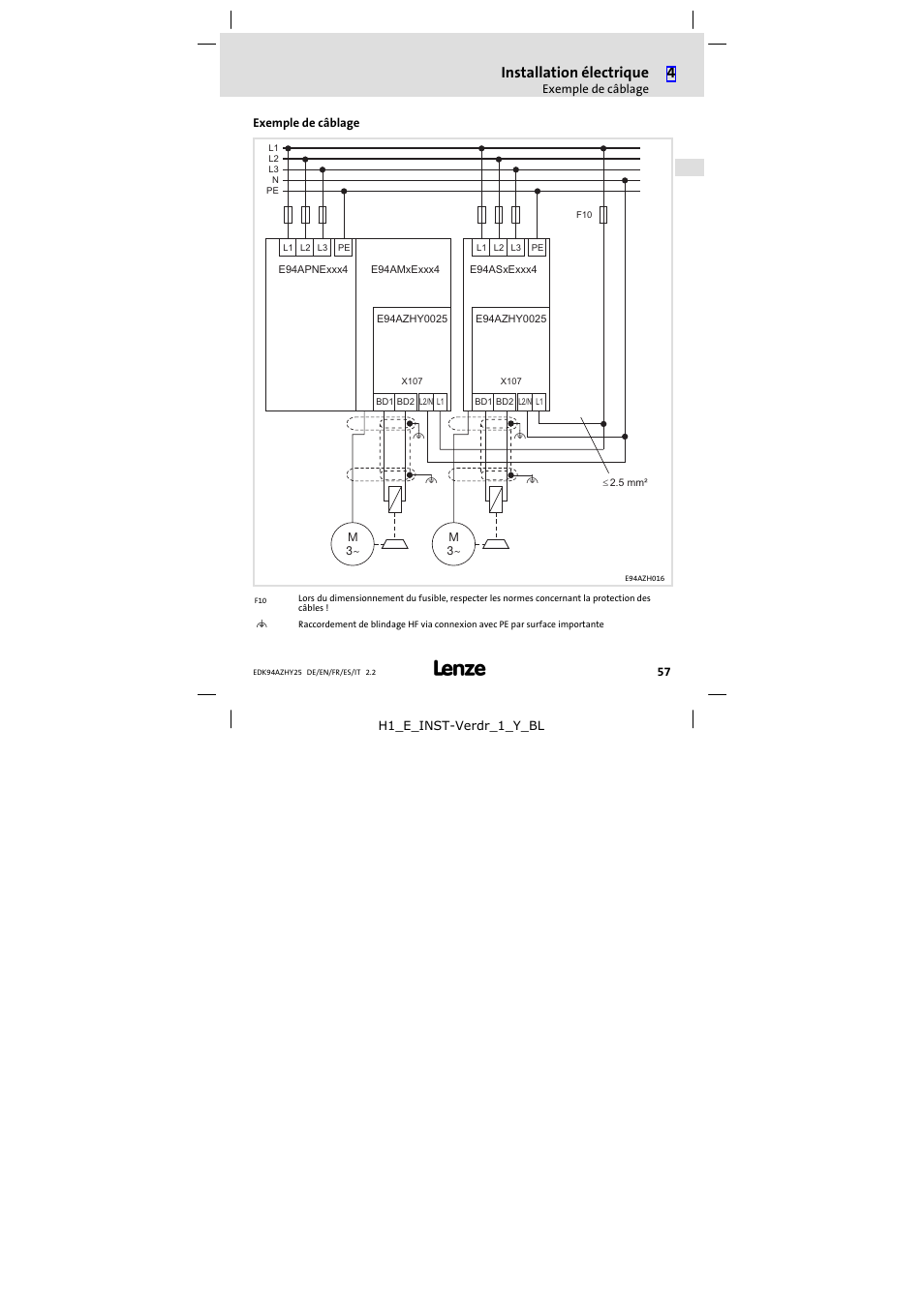 Exemple de câblage, Installation électrique | Lenze E94AZHY0025 User Manual | Page 57 / 94
