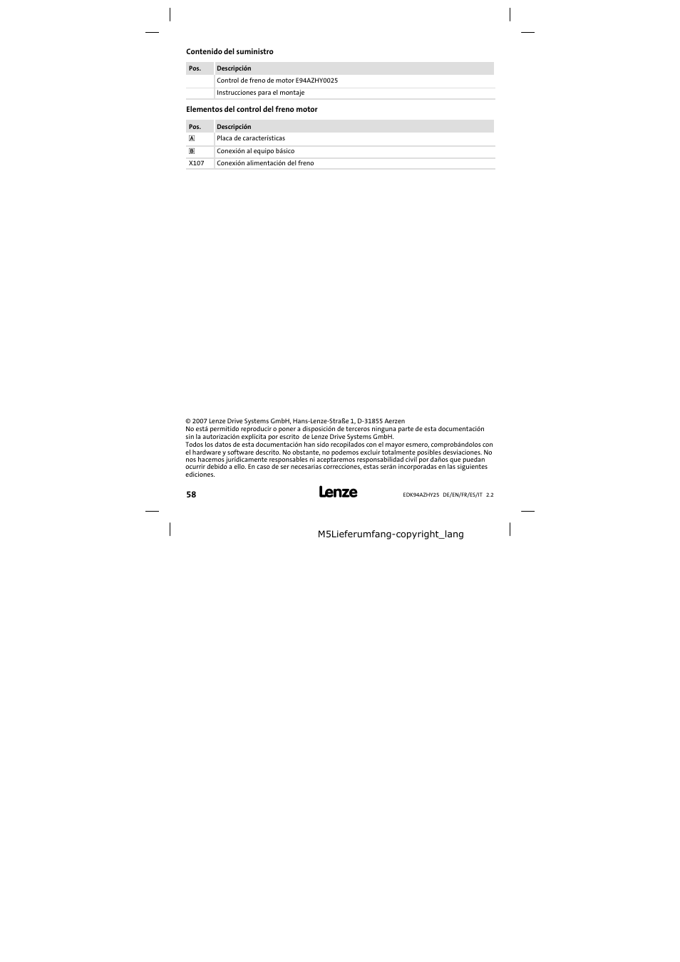 Lenze E94AZHY0025 User Manual | Page 58 / 94