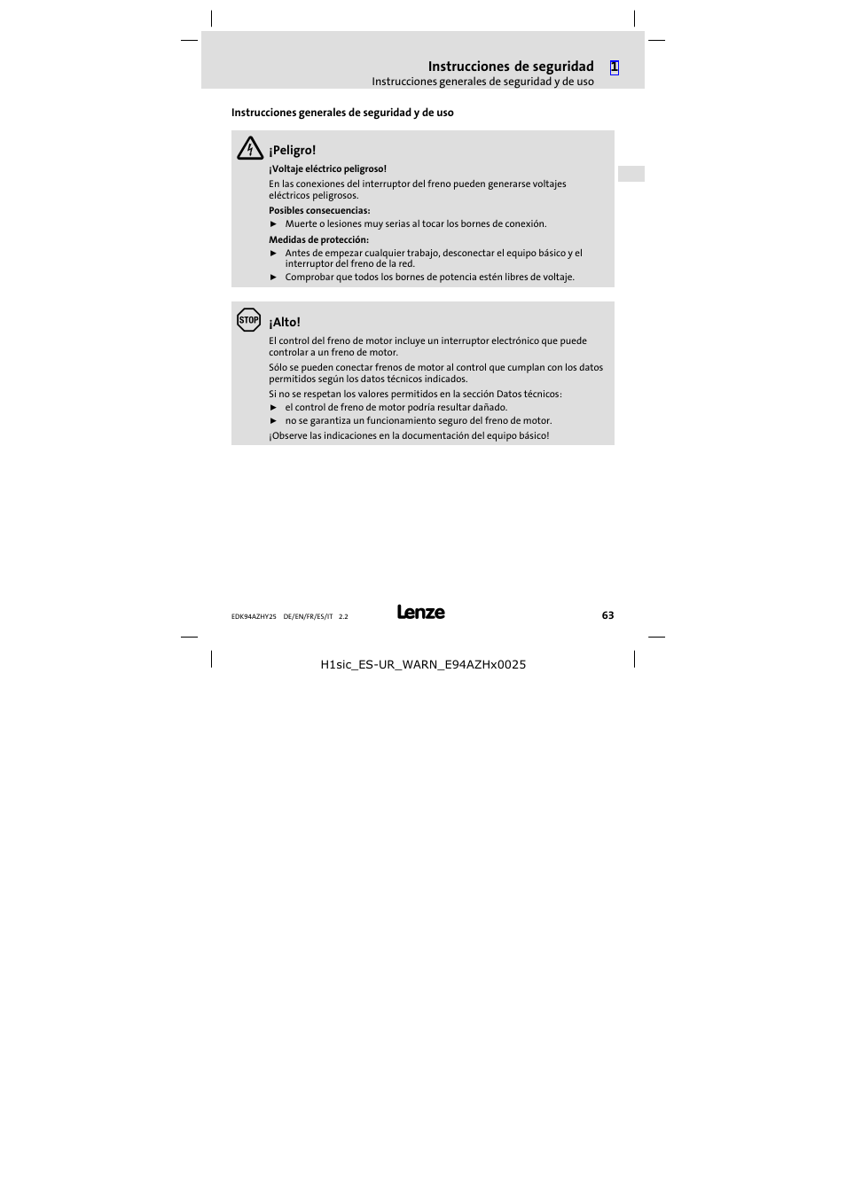 Instrucciones generales de seguridad y de uso, Instrucciones de seguridad | Lenze E94AZHY0025 User Manual | Page 63 / 94