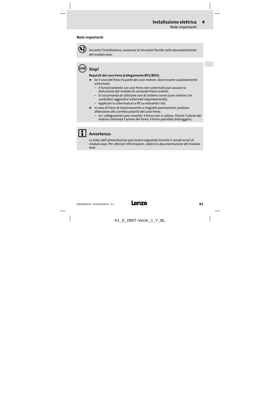 4 installazione elettrica, Note importanti, Installazione elettrica | Lenze E94AZHY0025 User Manual | Page 91 / 94