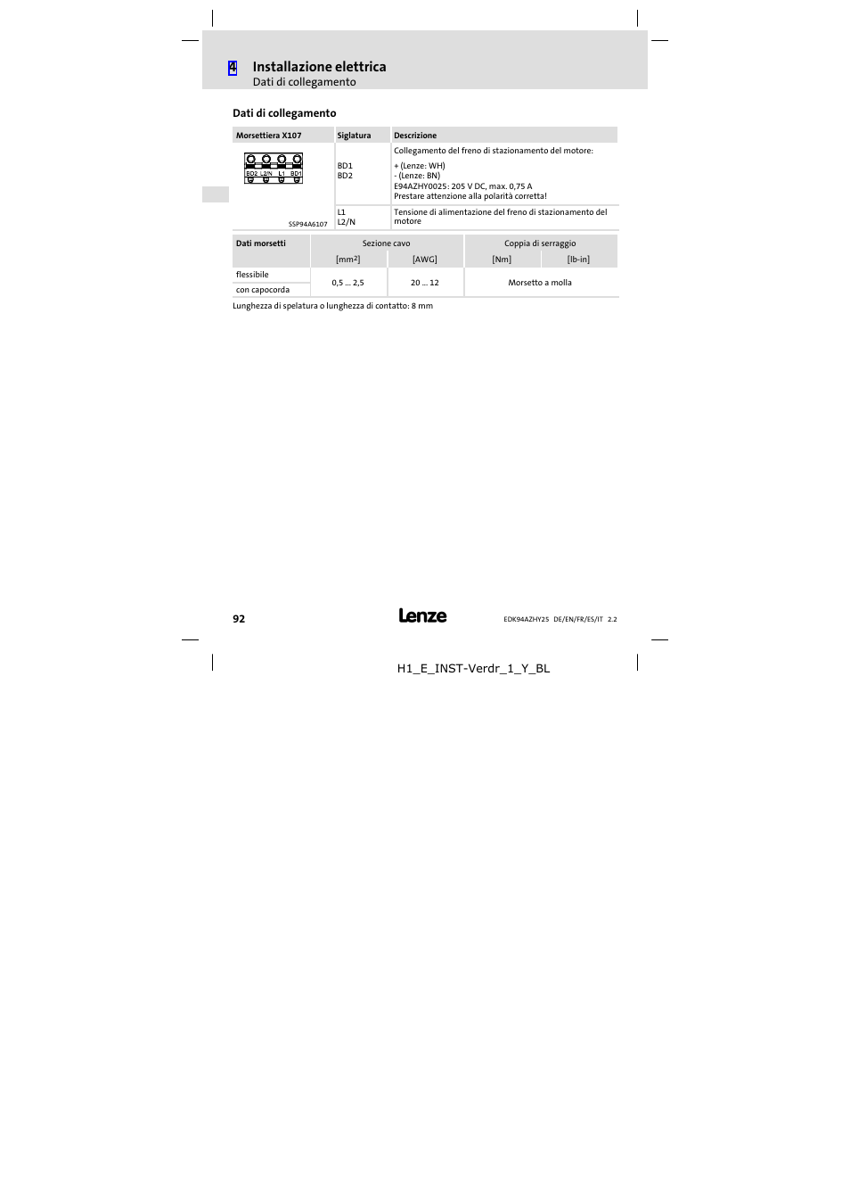 Dati di collegamento, 4installazione elettrica | Lenze E94AZHY0025 User Manual | Page 92 / 94