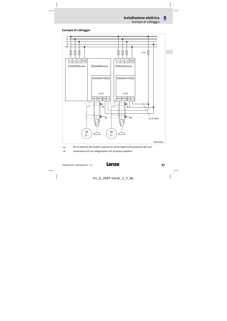 Esempio di cablaggio, Installazione elettrica | Lenze E94AZHY0025 User Manual | Page 93 / 94