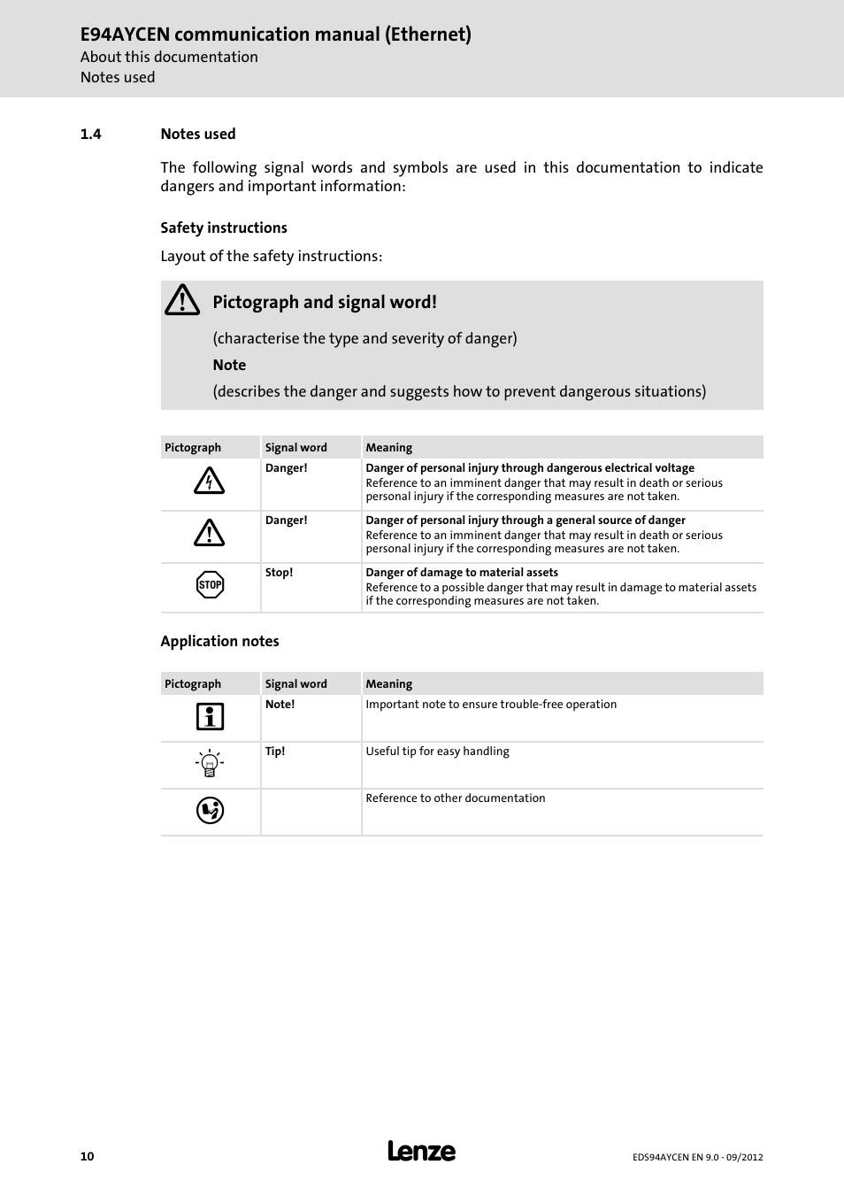 4 notes used, Notes used, E94aycen communication manual (ethernet) | Lenze E94AYCEN User Manual | Page 10 / 68