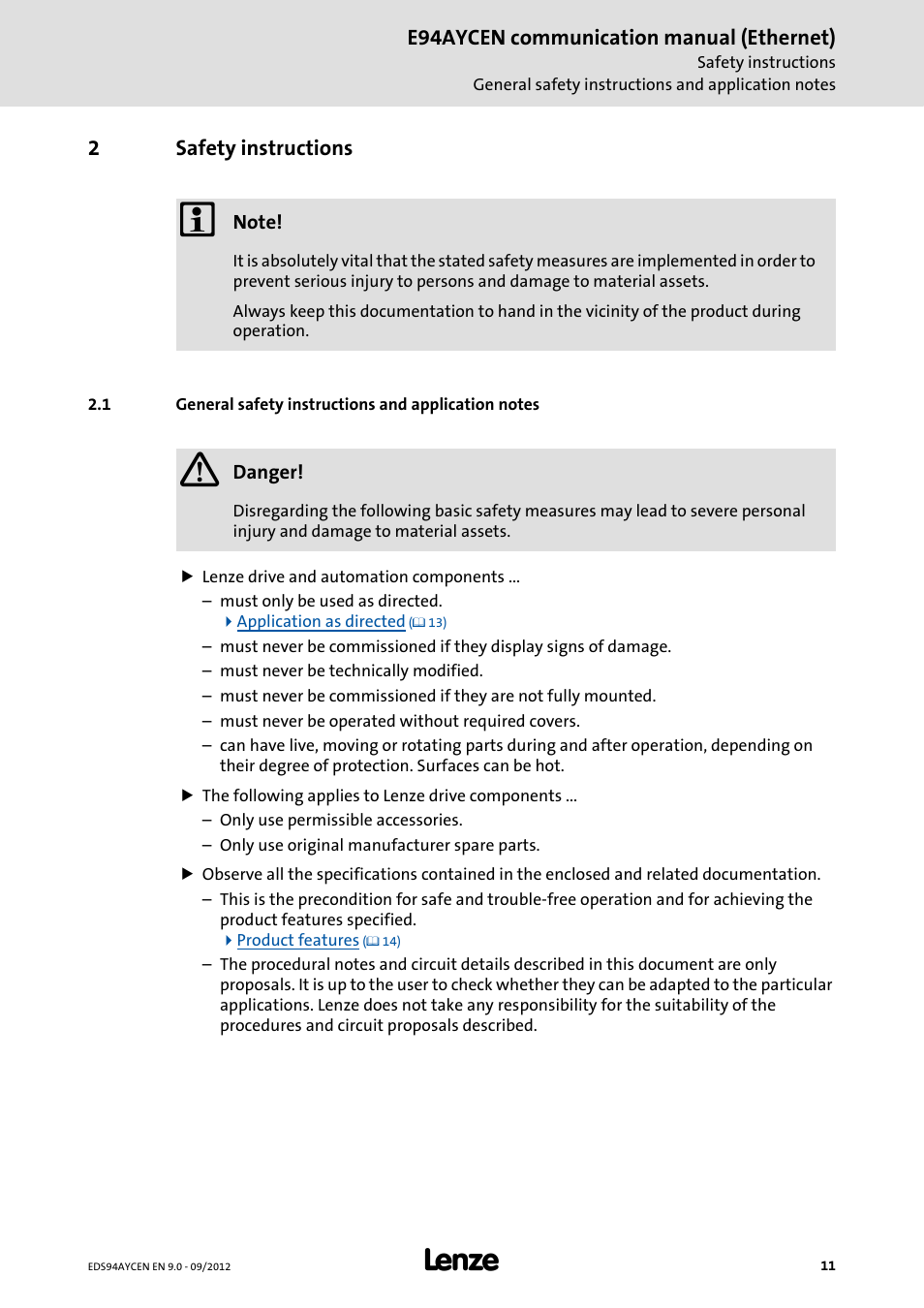 2 safety instructions, Safety instructions, General safety instructions and application notes | Lenze E94AYCEN User Manual | Page 11 / 68