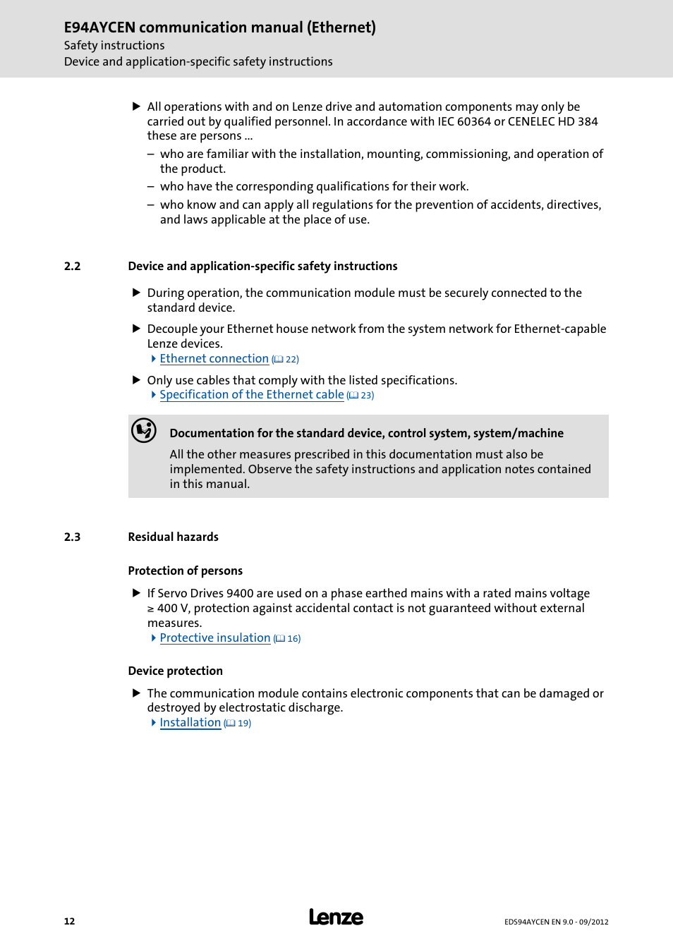 3 residual hazards, Residual hazards, E94aycen communication manual (ethernet) | Lenze E94AYCEN User Manual | Page 12 / 68