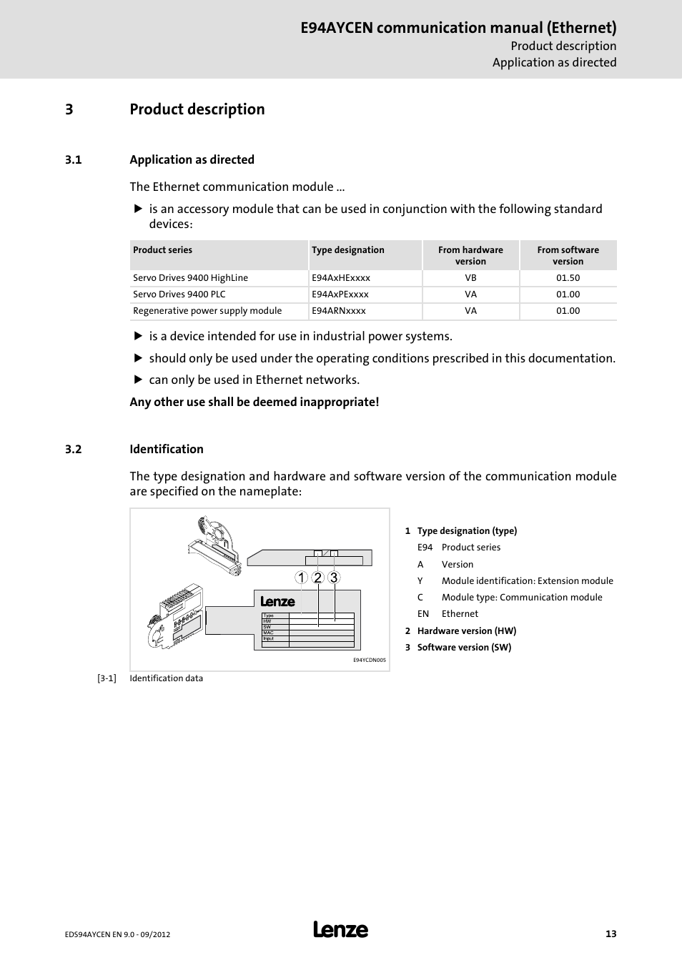 3 product description, 1 application as directed, 2 identification | Product description, Application as directed, Identification, E94aycen communication manual (ethernet), 3product description | Lenze E94AYCEN User Manual | Page 13 / 68