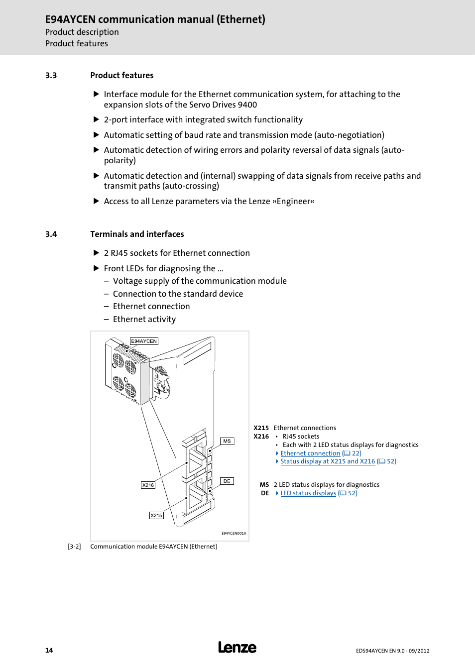 3 product features, 4 terminals and interfaces, Product features | Terminals and interfaces, E94aycen communication manual (ethernet) | Lenze E94AYCEN User Manual | Page 14 / 68