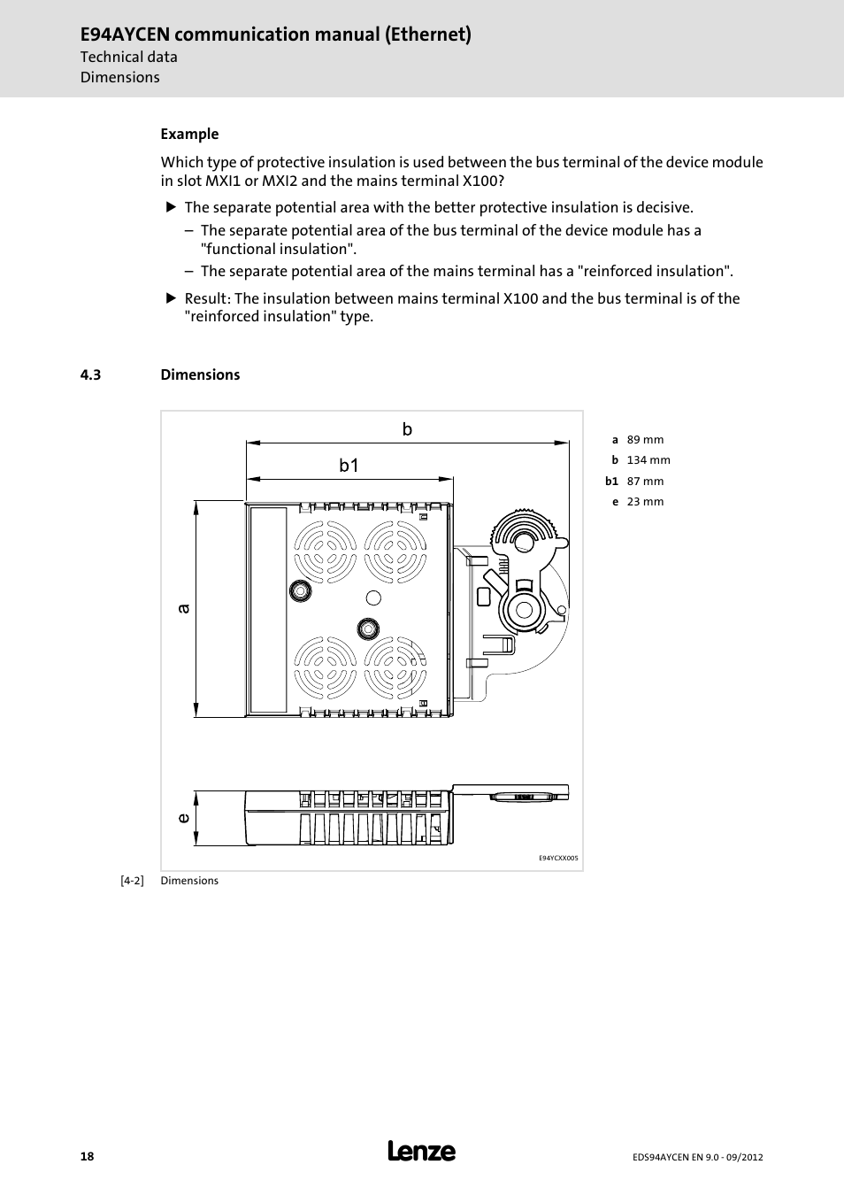 3 dimensions, Dimensions, E94aycen communication manual (ethernet) | Lenze E94AYCEN User Manual | Page 18 / 68