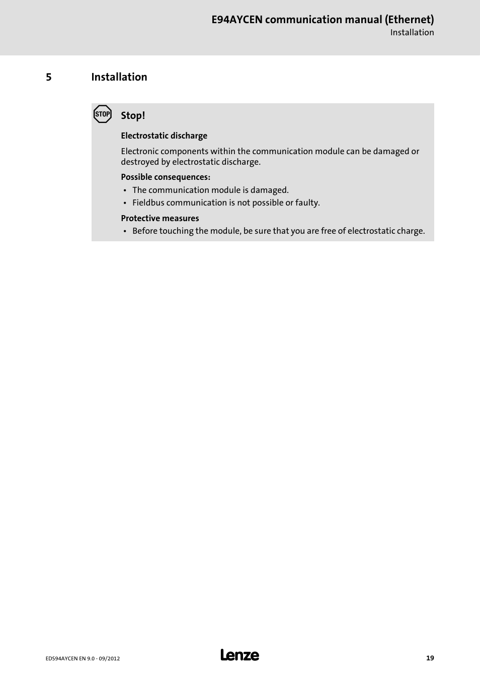 5 installation, Installation | Lenze E94AYCEN User Manual | Page 19 / 68