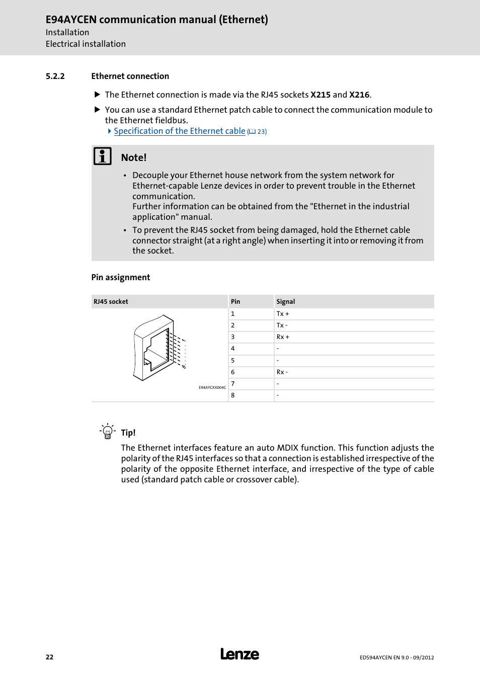 2 ethernet connection, Ethernet connection, Ethernet connection ( 22) | E94aycen communication manual (ethernet) | Lenze E94AYCEN User Manual | Page 22 / 68