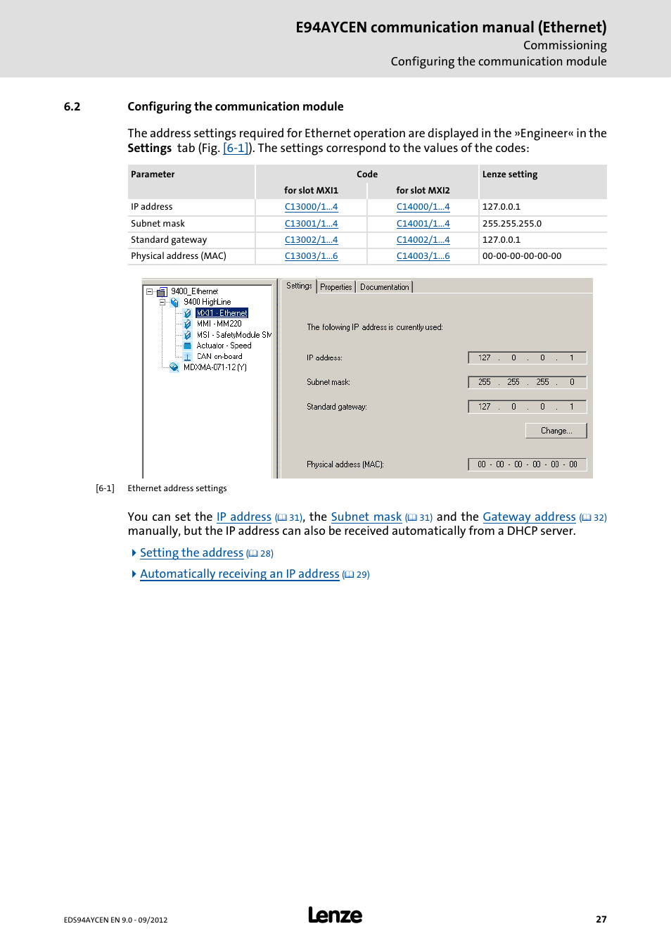 2 configuring the communication module, Configuring the communication module, E94aycen communication manual (ethernet) | Lenze E94AYCEN User Manual | Page 27 / 68