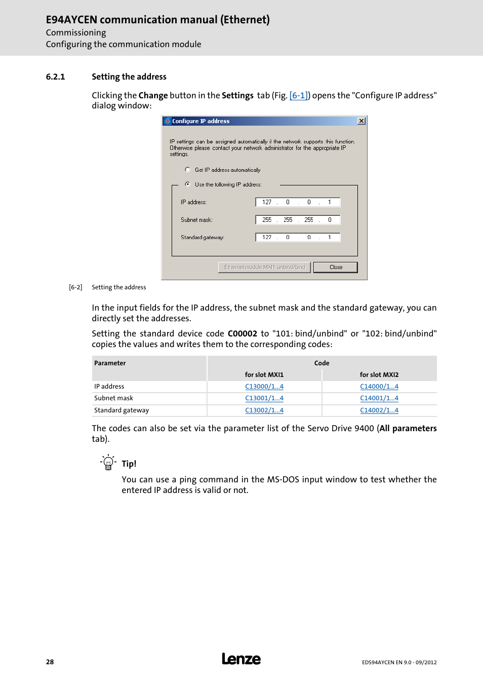 1 setting the address, Setting the address, E94aycen communication manual (ethernet) | Lenze E94AYCEN User Manual | Page 28 / 68