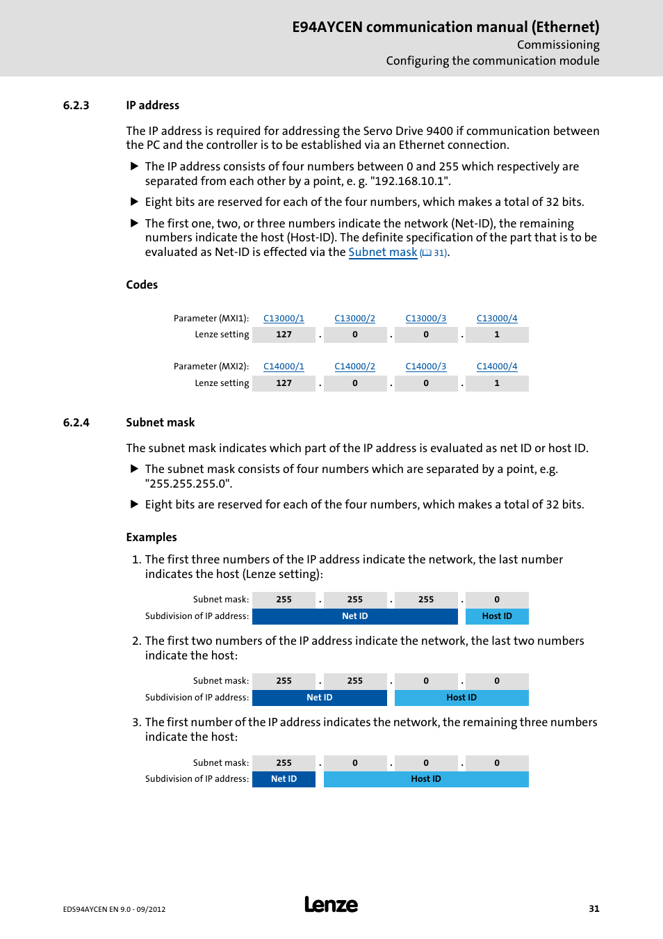 3 ip address, 4 subnet mask, Ip address | Subnet mask, You can set the, And the, E94aycen communication manual (ethernet) | Lenze E94AYCEN User Manual | Page 31 / 68