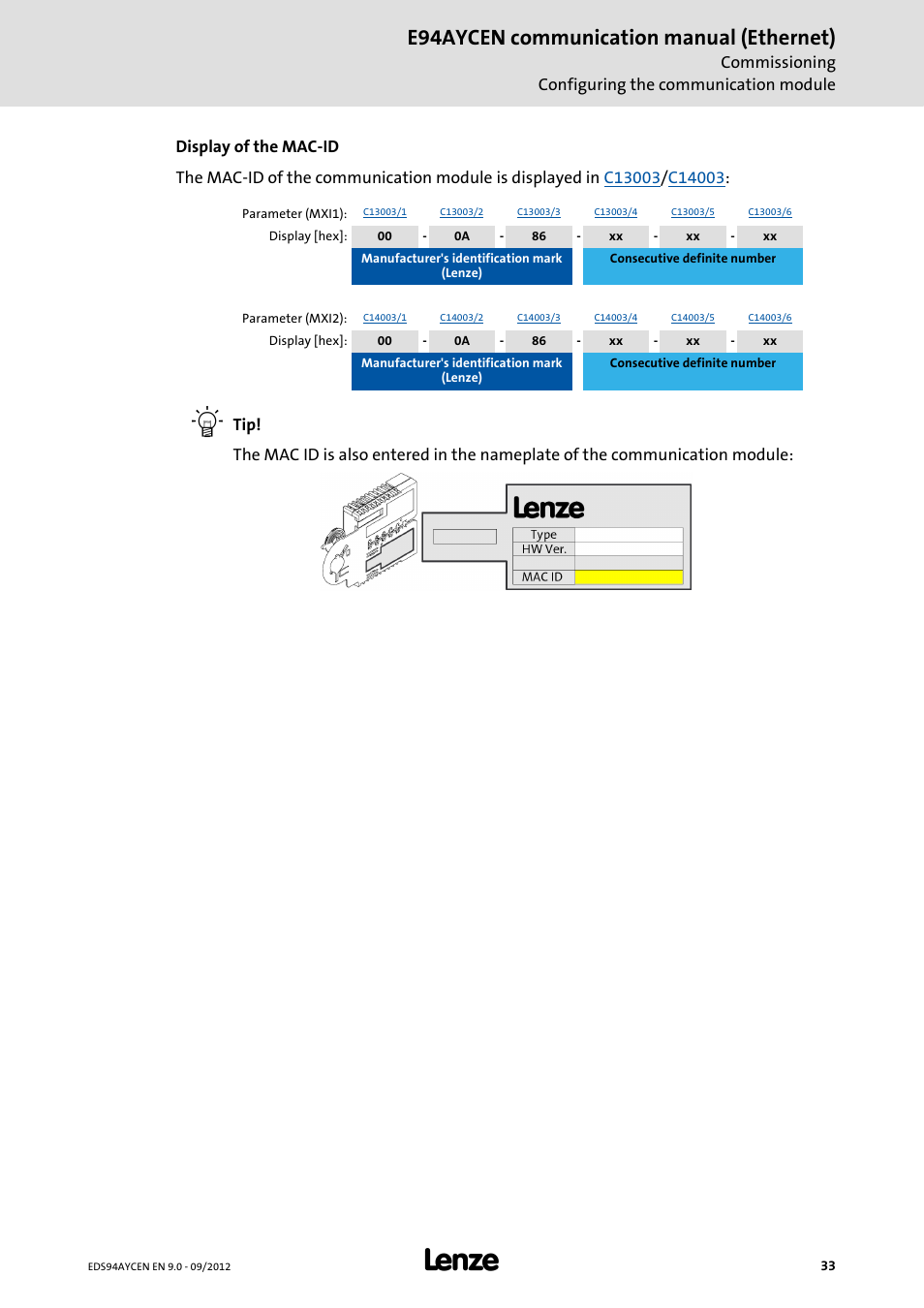 E94aycen communication manual (ethernet) | Lenze E94AYCEN User Manual | Page 33 / 68