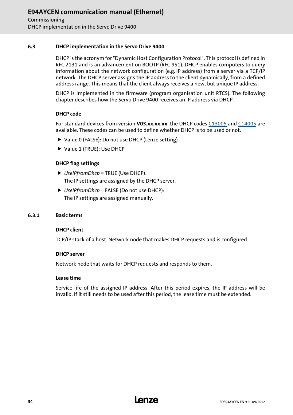 3 dhcp implementation in the servo drive 9400, 1 basic terms, Dhcp implementation in the servo drive 9400 | Basic terms, Chapter, Dhcp implementation in the servo, Drive 9400, E94aycen communication manual (ethernet) | Lenze E94AYCEN User Manual | Page 34 / 68