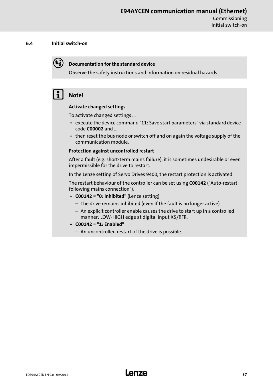 4 initial switch-on, Initial switch-on | Lenze E94AYCEN User Manual | Page 37 / 68