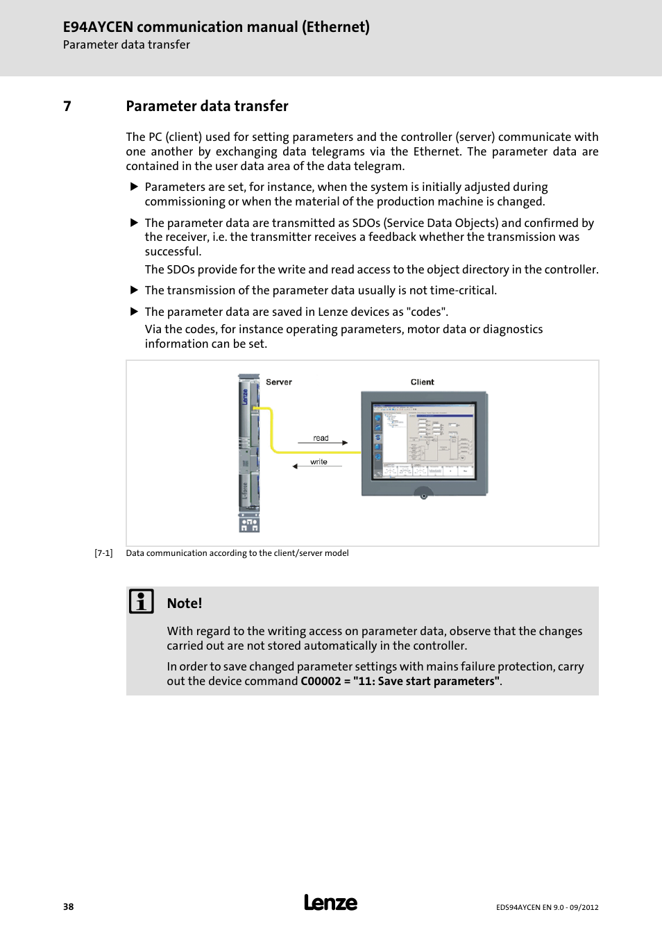 7 parameter data transfer, Parameter data transfer, Description in chapter | Lenze E94AYCEN User Manual | Page 38 / 68