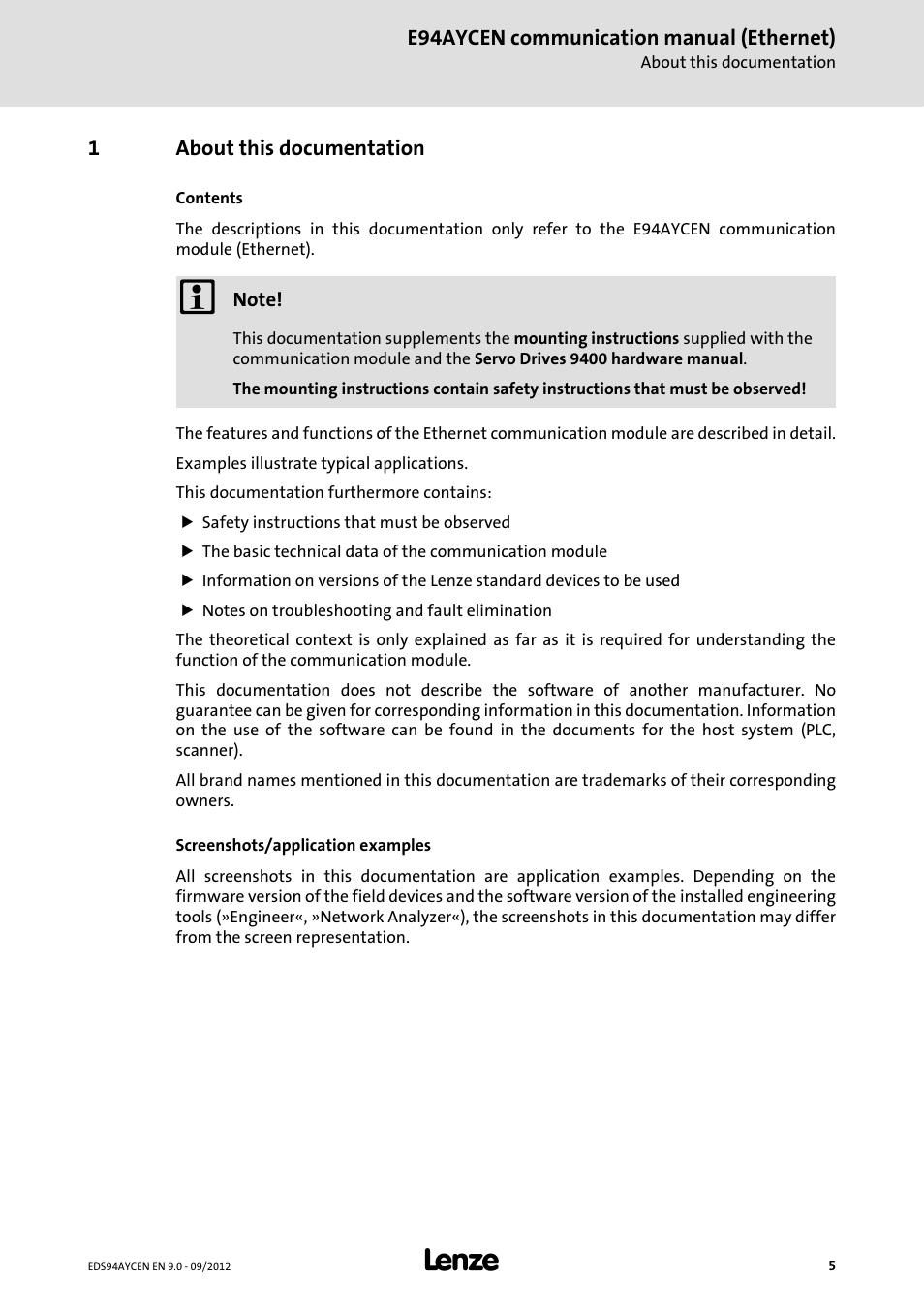1 about this documentation, About this documentation | Lenze E94AYCEN User Manual | Page 5 / 68