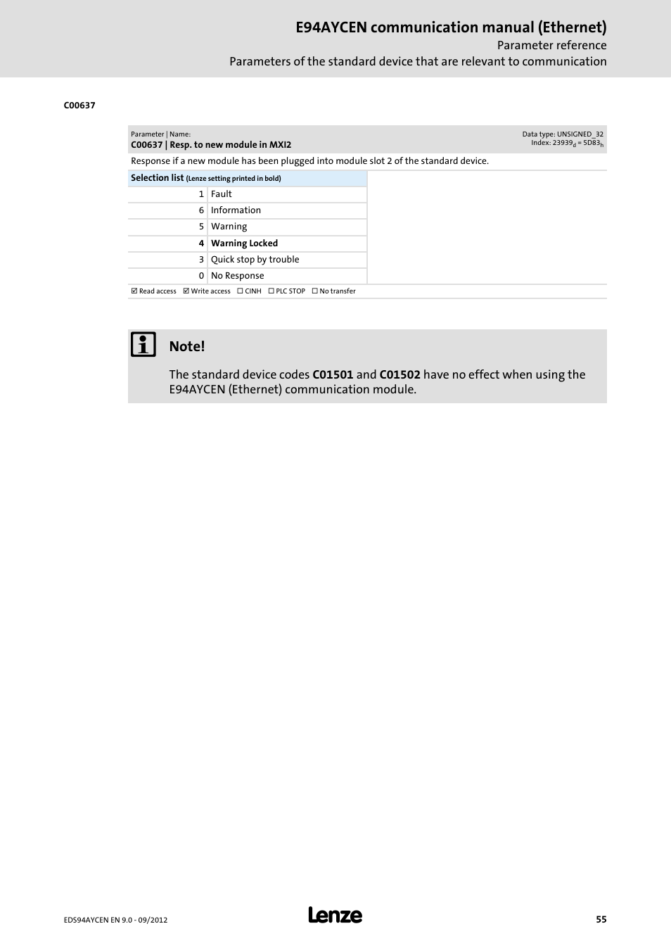 C00637 | resp. to new module in mxi2, E94aycen communication manual (ethernet) | Lenze E94AYCEN User Manual | Page 55 / 68