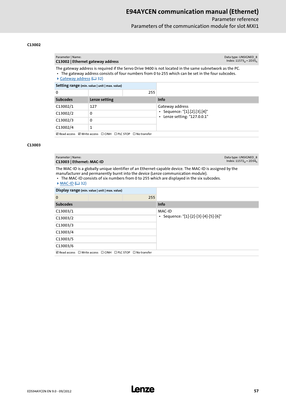 C13002 | ethernet gateway address, C13003 | ethernet: mac-id, C13002/1 | C13003/1, C13002/2, C13002/3, C13002/4, C13003, C13003/2, C13003/3 | Lenze E94AYCEN User Manual | Page 57 / 68
