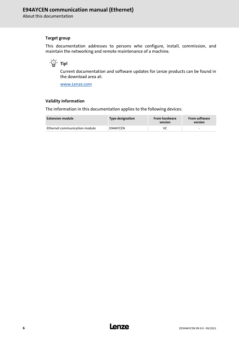 E94aycen communication manual (ethernet) | Lenze E94AYCEN User Manual | Page 6 / 68