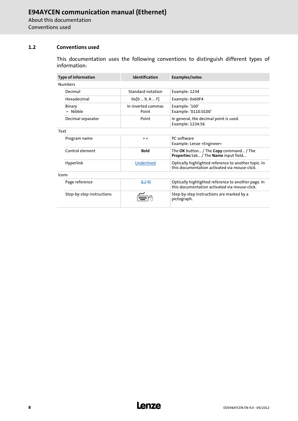 2 conventions used, Conventions used, E94aycen communication manual (ethernet) | Lenze E94AYCEN User Manual | Page 8 / 68
