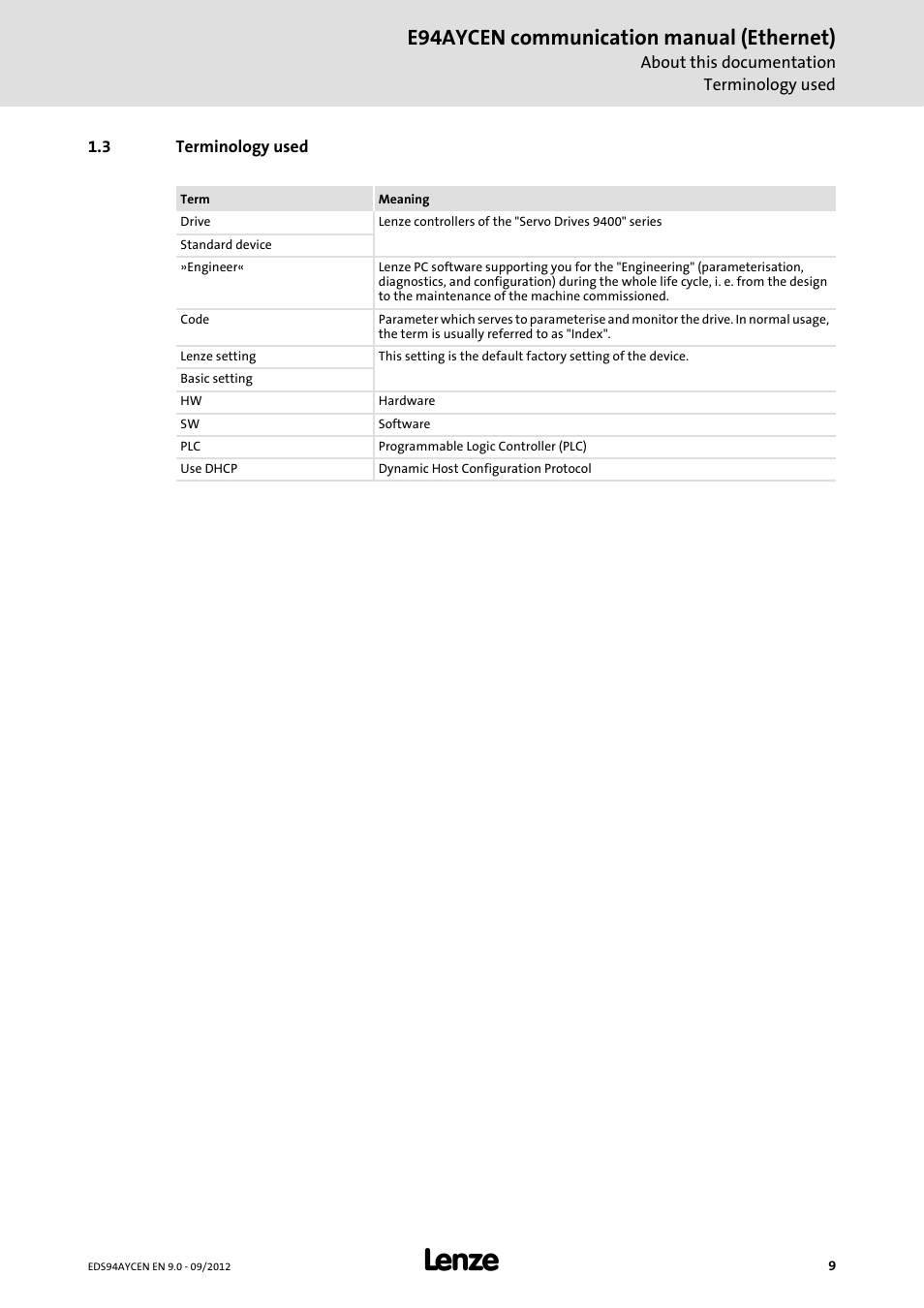 3 terminology used, Terminology used, E94aycen communication manual (ethernet) | Lenze E94AYCEN User Manual | Page 9 / 68