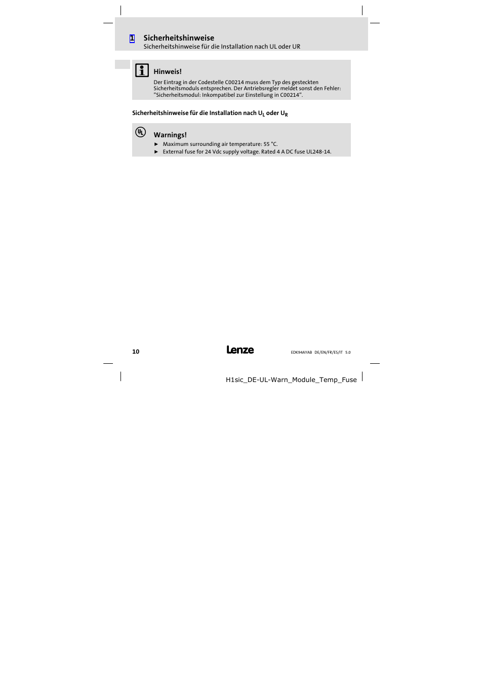 Lenze E94AYAB − SM100 User Manual | Page 10 / 68