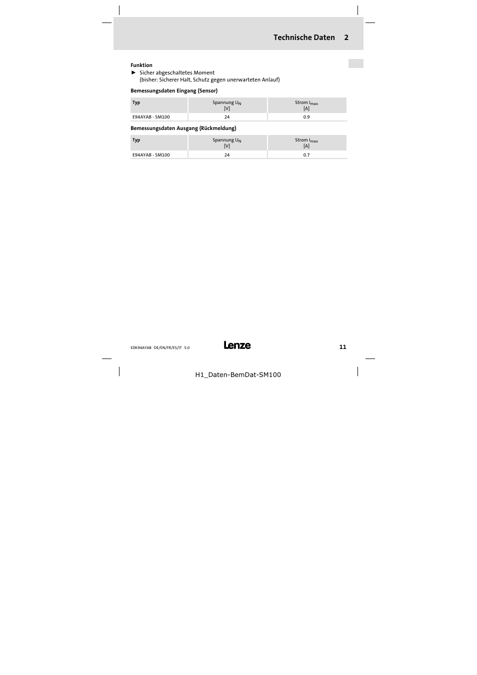 2 technische daten, Technische daten 2 | Lenze E94AYAB − SM100 User Manual | Page 11 / 68