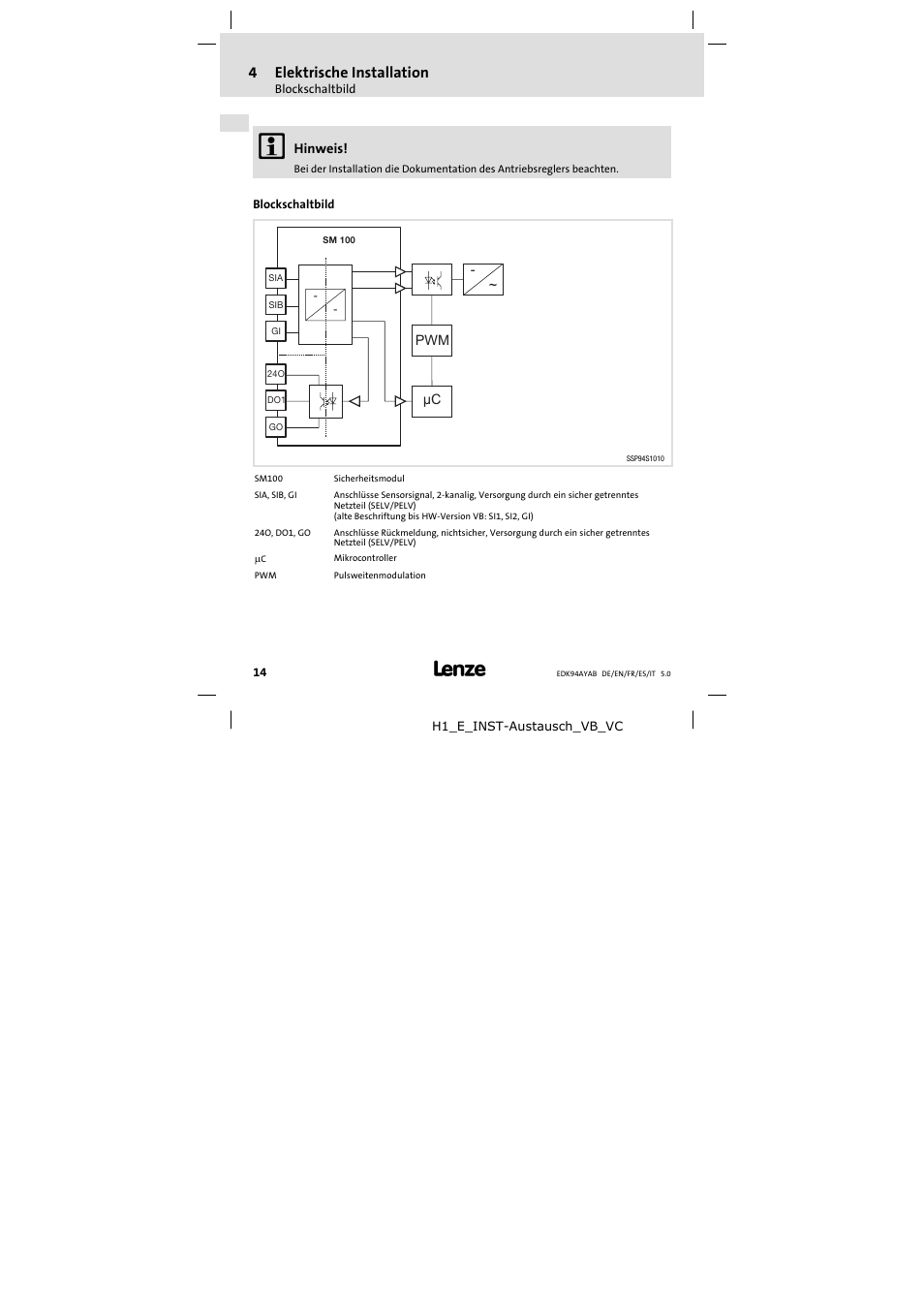 4 elektrische installation, Blockschaltbild, 4elektrische installation | Lenze E94AYAB − SM100 User Manual | Page 14 / 68