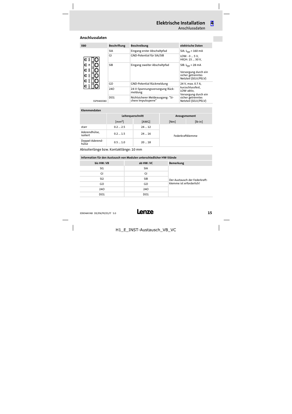 Anschlussdaten, Elektrische installation | Lenze E94AYAB − SM100 User Manual | Page 15 / 68