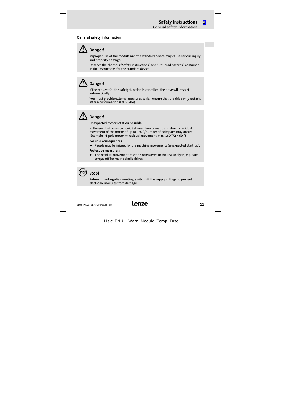 General safety information | Lenze E94AYAB − SM100 User Manual | Page 21 / 68