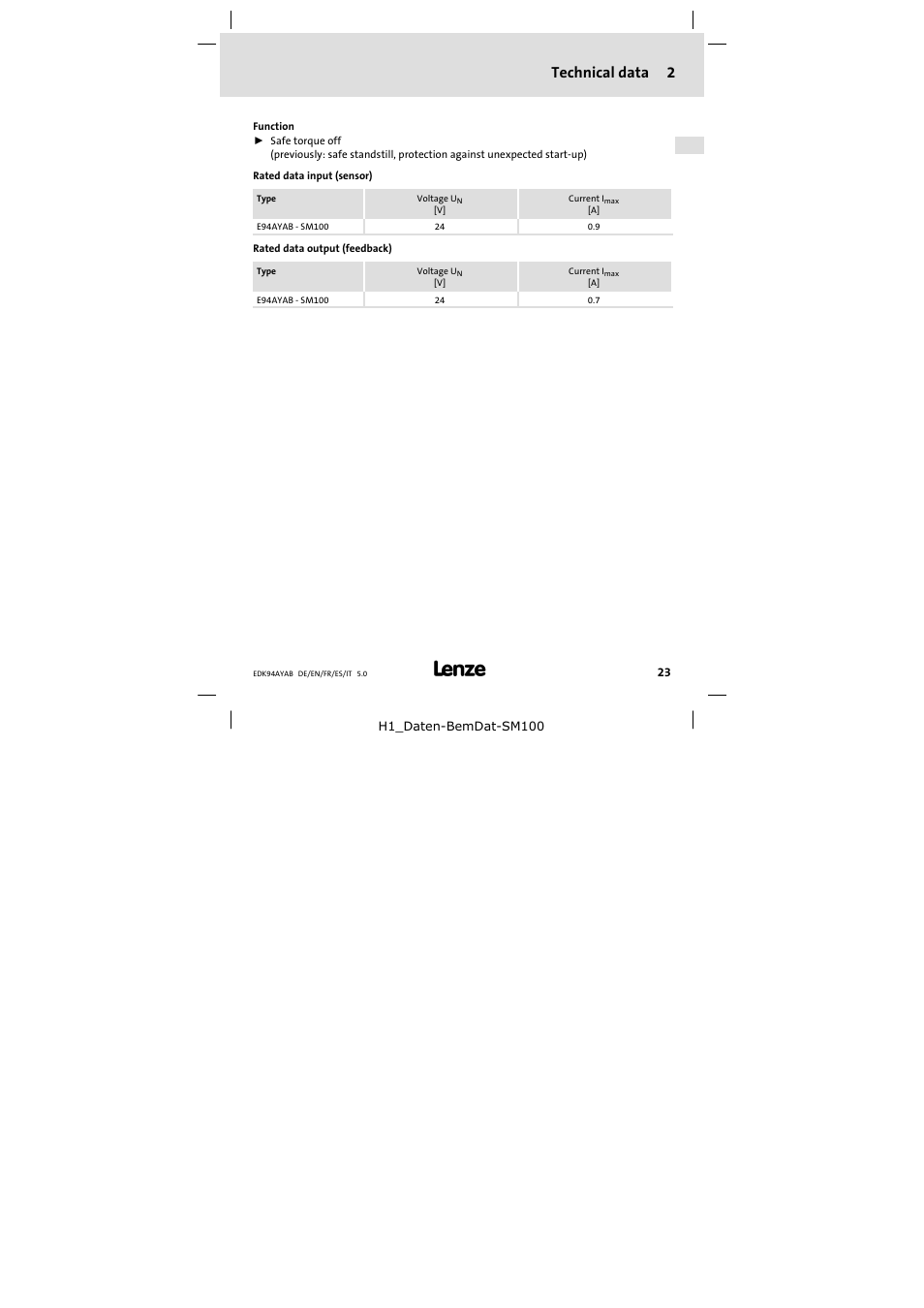 2 technical data, Technical data 2 | Lenze E94AYAB − SM100 User Manual | Page 23 / 68