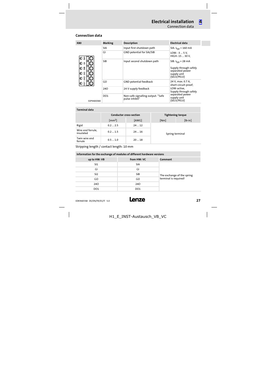 Connection data, Electrical installation | Lenze E94AYAB − SM100 User Manual | Page 27 / 68