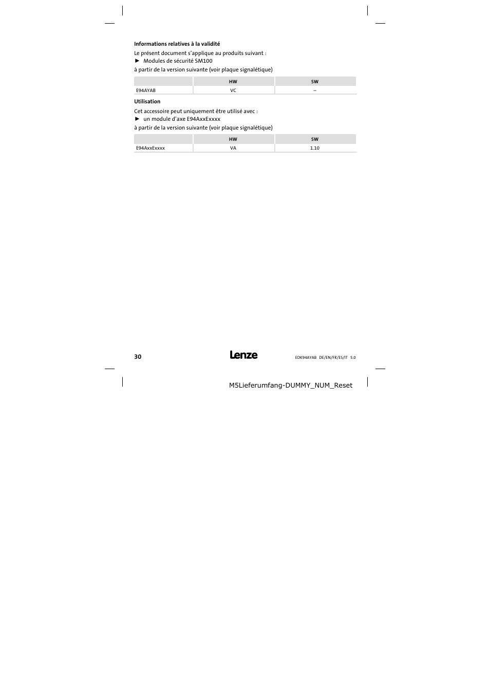 Informations relatives à la validité | Lenze E94AYAB − SM100 User Manual | Page 30 / 68