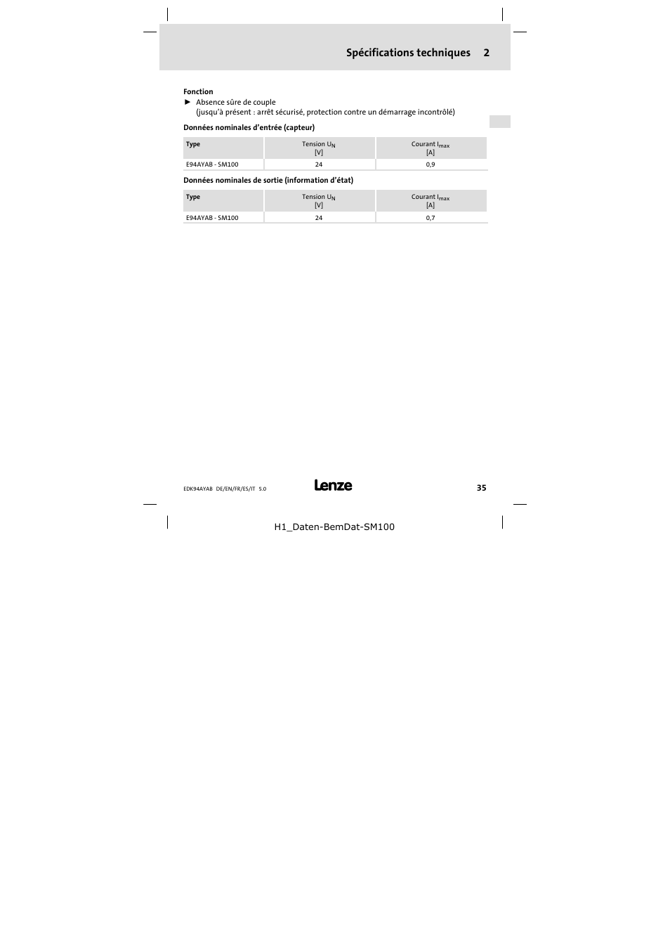 2 spécifications techniques, Spécifications techniques 2 | Lenze E94AYAB − SM100 User Manual | Page 35 / 68