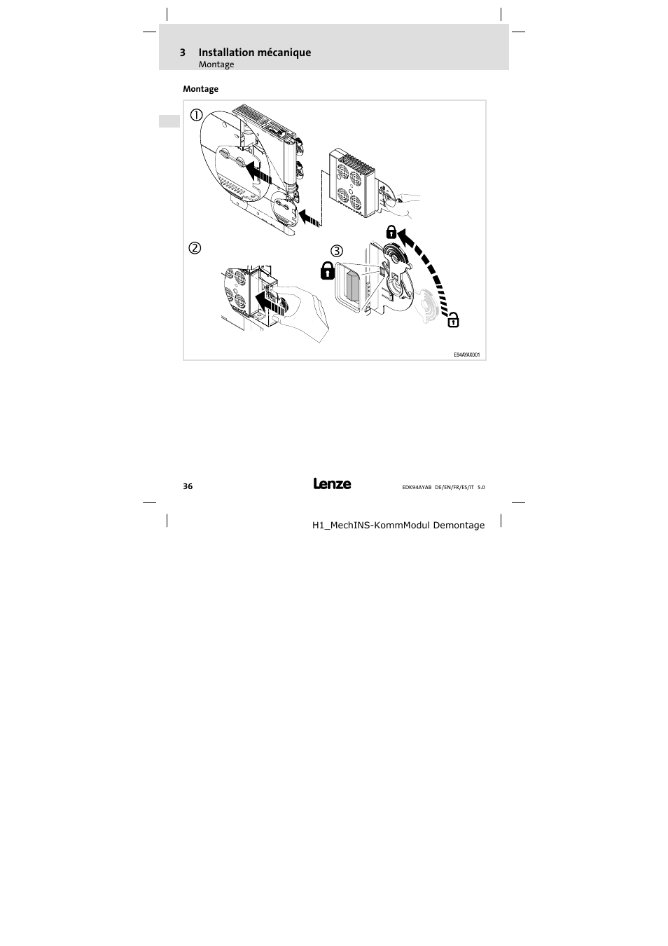 3 installation mécanique, Montage | Lenze E94AYAB − SM100 User Manual | Page 36 / 68