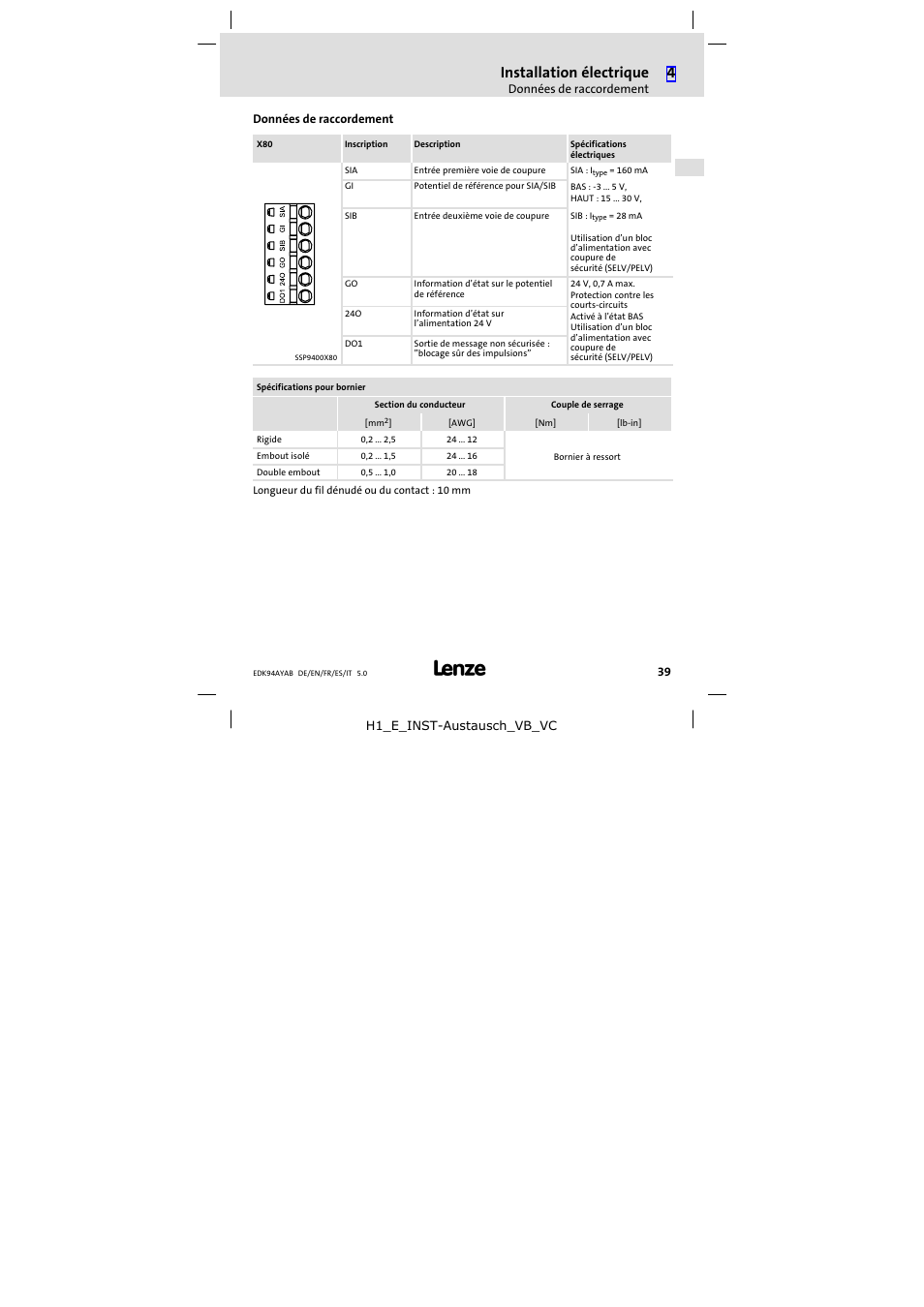 Données de raccordement, Installation électrique | Lenze E94AYAB − SM100 User Manual | Page 39 / 68