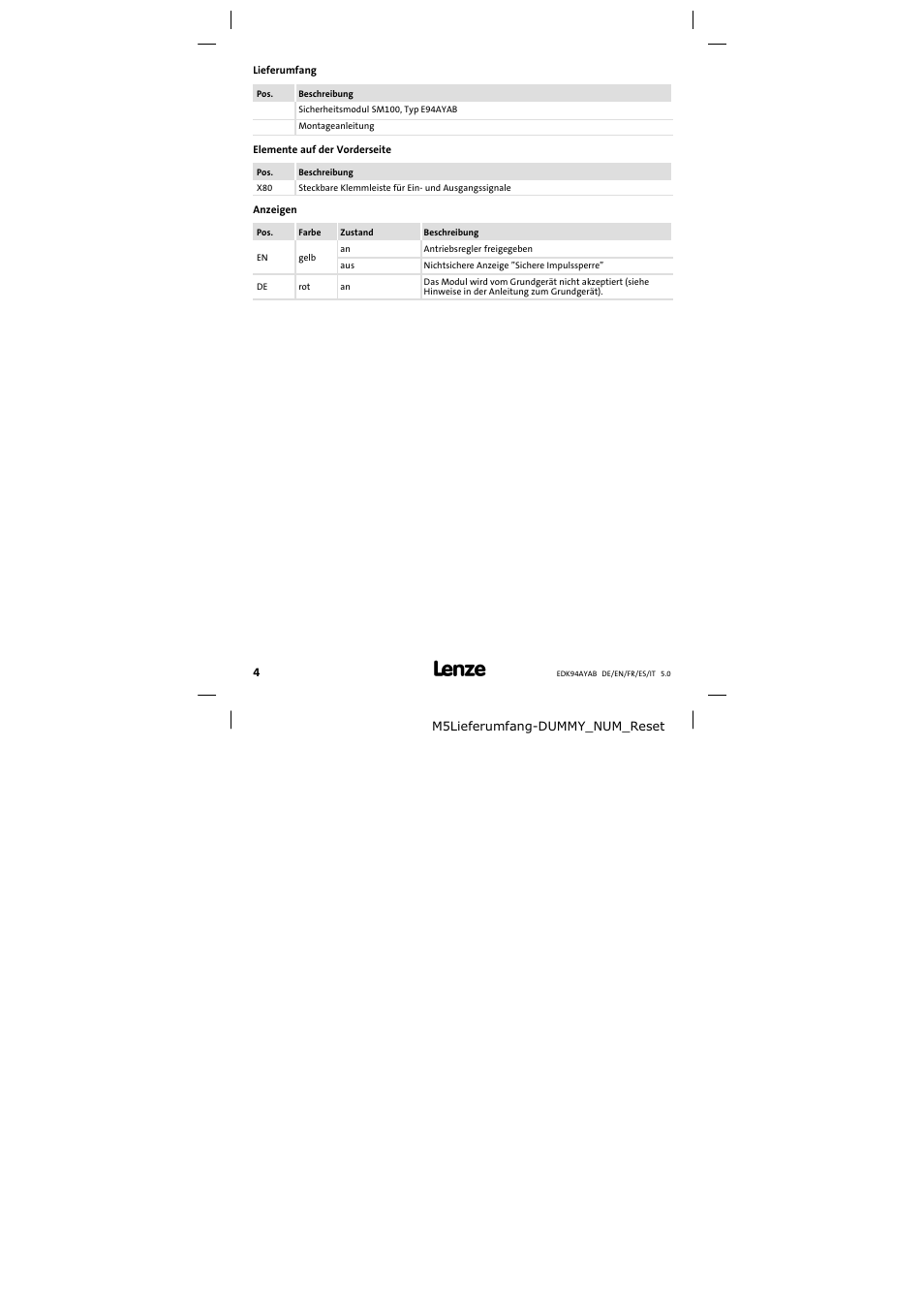 Lieferumfang | Lenze E94AYAB − SM100 User Manual | Page 4 / 68