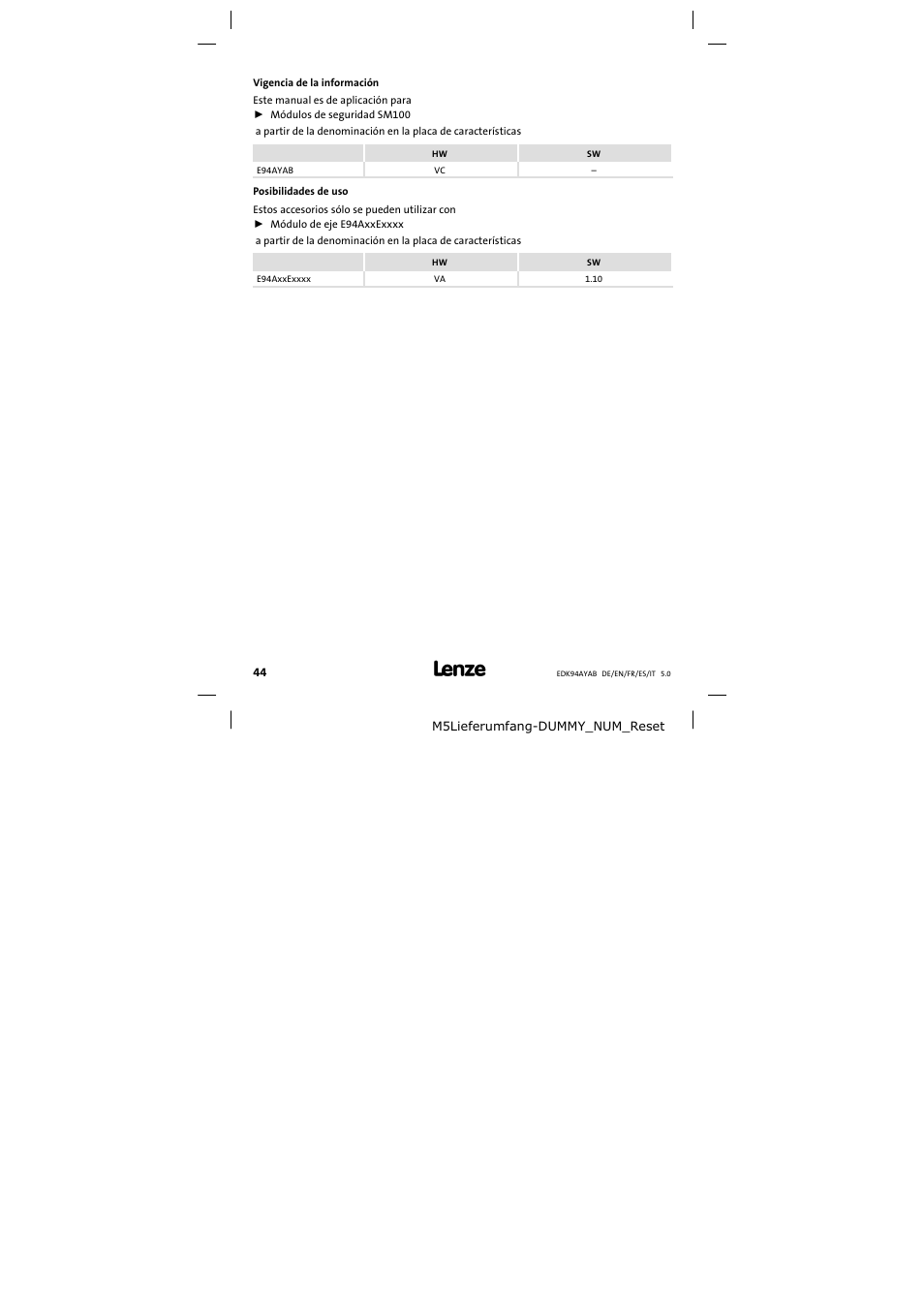 Vigencia de la información | Lenze E94AYAB − SM100 User Manual | Page 44 / 68